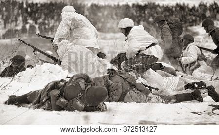 Leningrad Region, Russia - January 22, 2012: The German Gunners During The Second World War To Occup