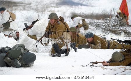 Leningrad Region, Russia - January 22, 2012: The German Gunners During The Second World War To Occup