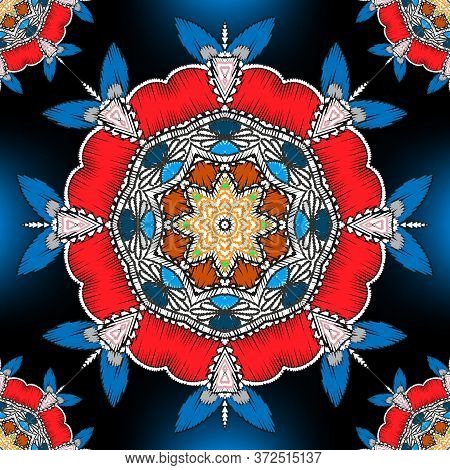 Tapestry Floral Colorful Vector Mandalas Seamless Pattern. Ornamental Textured Glowing Background. T