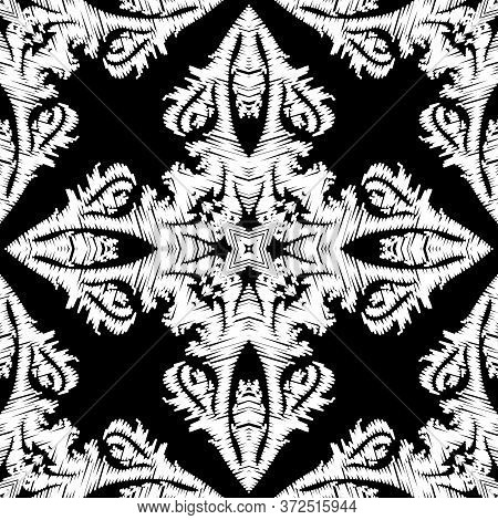 Embroidery Textured Vector Seamless Pattern. Black And White Floral Grunge Background. Tapestry Wall