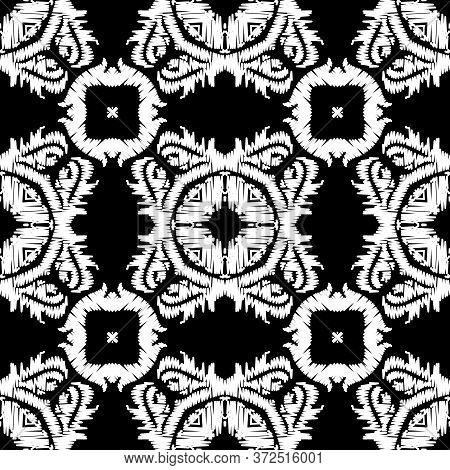 Embroidery Textured Vector Seamless Pattern. Black And White Floral Grunge Background. Tapestry Wall