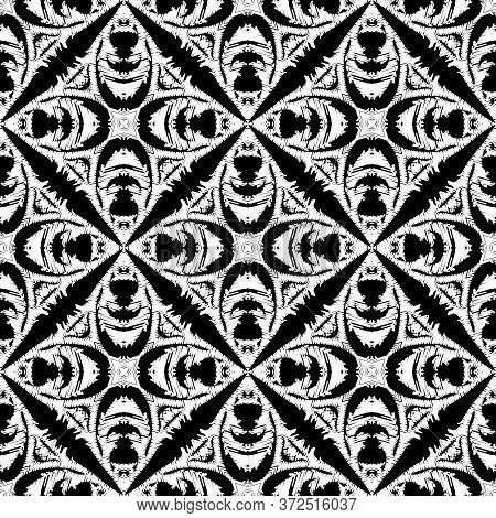 Embroidery Textured Vector Seamless Pattern. Black And White Floral Grunge Background. Tapestry Wall