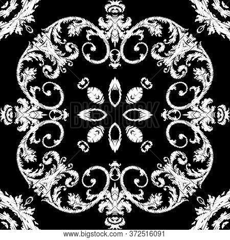 Embroidery Textured Vector Seamless Pattern. Black And White Floral Grunge Background. Tapestry Wall