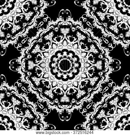 Embroidery Textured Vector Seamless Pattern. Black And White Floral Grunge Background. Tapestry Mand