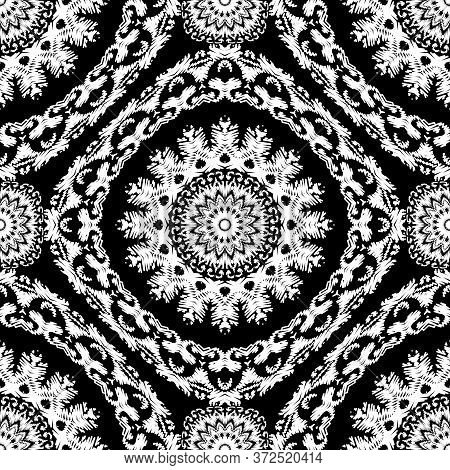 Embroidery Textured Vector Seamless Pattern. Black And White Floral Grunge Background. Tapestry Mand