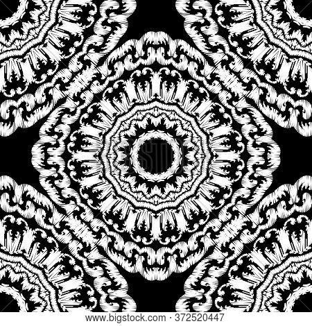 Embroidery Textured Vector Seamless Pattern. Black And White Floral Grunge Background. Tapestry Mand