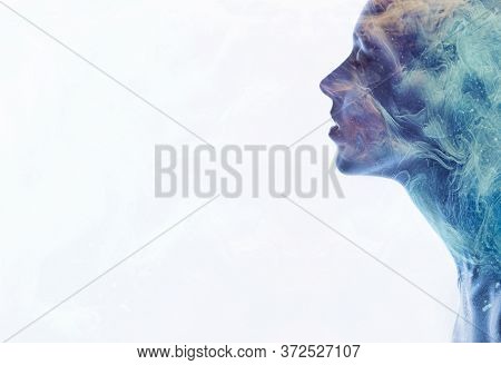 Fantasy Portrait. Universe Energy. Purple Blue Smoke In Relaxed Woman Silhouette Double Exposition I