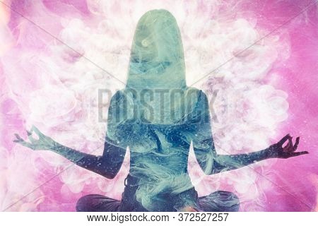 Spiritual Practice. Harmony Balance. Meditating Woman Silhouette In Pink Ethereal Smoke Double Expos