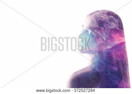 Spiritual Portrait. Inner Universe. Purple Steam In Peaceful Woman Silhouette Double Exposition Isol