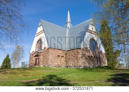 The Ancient Lutheran Kirha Ryaysyalya Is A Close Up On A Sunny May Day. Leningrad Region, Russia