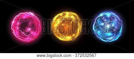 Energy Balls And Plasma Sphere, Electric Lightning And Light Flash Sparks. Magic Lightning Discharge