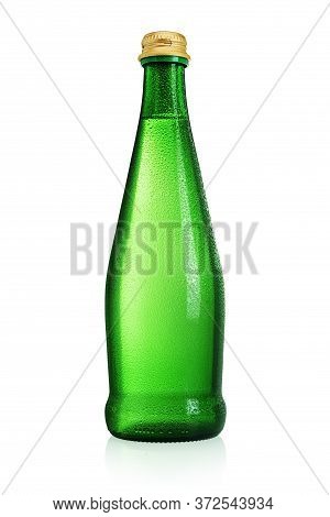 Green Glass Bottle With Mineral Water Without Label Isolated On White Background.