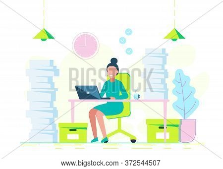 A young woman is working hard with a laptop and a bunch of documents.Business concept. Business people. Business background. Infographic business arrow shape template design. Business background, business concept. business banner. Building to success conc