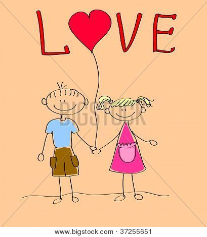 Boy and girl holding heart, vector