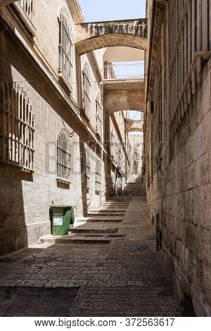 Jerusalem, Israel, June 13, 2020 : Empty Tourist Ghawanima Street In The Old City Of Jerusalem, Isra