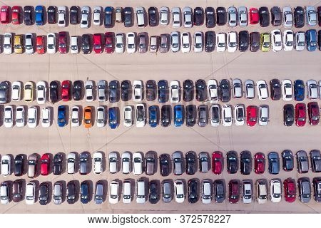 Used Car Parking, Top View Of A Trade In Car Parking. Birds Eye View Of A Crowded Parking Lot