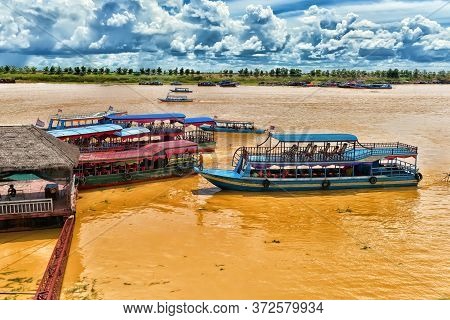 Lake Tonle Sap, Combodia - 28.06.2017: Chong Knies Village, Tonle Sap Lake, The Largest Freshwater L