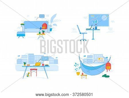 Empty Workspace Semi Flat Rgb Color Vector Illustrations Set. Working Remotely From Home And In Offi