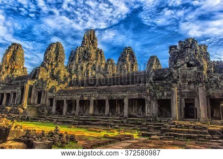 Siem Reap, Cambodia - 08.07.2017 : Ancient Bayon Temple Ruins In Siem Reap Cambodia