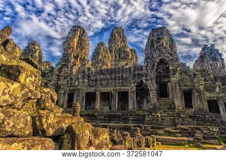 Siem Reap, Cambodia - 08.07.2017 : Ancient Bayon Temple Ruins In Siem Reap Cambodia