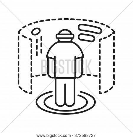 Virtual Reality Gaming Black Line Icon. Man In Vr Helmet Gaming On Platform. Cyberspace, Simulation,