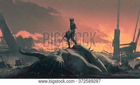 Woman Killed The Giant Demon With A Chainsaw, Digital Art Style, Illustration Painting