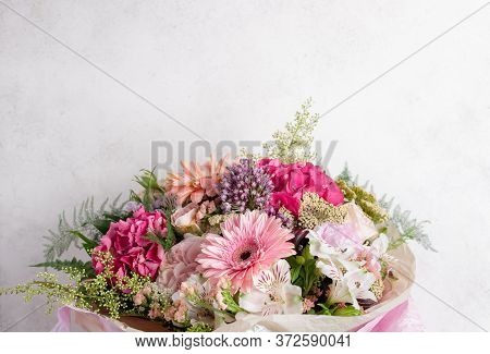 Beautiful Bouquet Of Gerbera, Hydrangea, Rose, Alstroemeria Flowers On A White Background. Stylish F