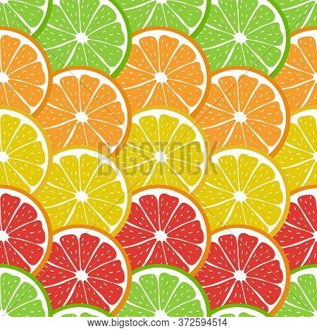 Colorful Seamless Pattern With Sliced Pieces Of Citrus Fruit. The Bright Backdrop Of Tropical Fruits