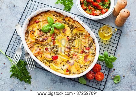 potato casserole with cream and cheese - food and drink