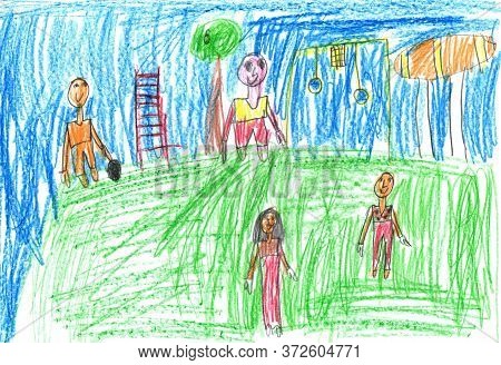 Child Drawing Of A Happy Sports Family With Kids,having Fun Outdoor.active Healthy Lifestyle Concept