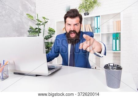 Overwhelmed And Stressed Out. Stressed Director Point Finger In Anger. Bearded Man Shout Feeling Str