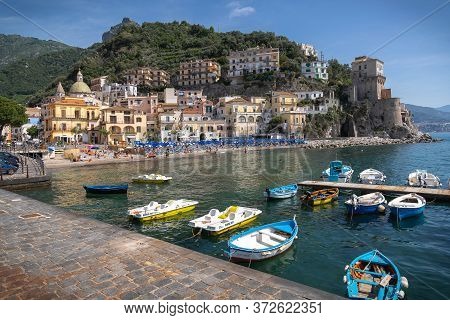 Cetara Cityscape On Coast Of Amalfi Of Mediterranean Sea In Italy