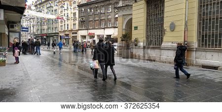 Sarajevo, Bosnia And Herzegovina, March 8, 2020. People On The Streets Of Sarajevo. Tourists And Loc
