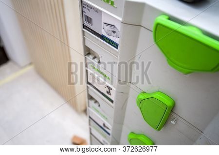 Paris, France - June 8, 2020: Side View Of A Close-up Macro Shot Of Festool Systainers Modular Inter