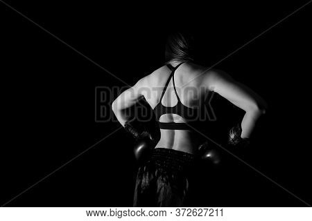 Female Boxer Training In The Dark Ring. Silhouette. Boxing Concept. Fighter Woman Back View Fist Clo