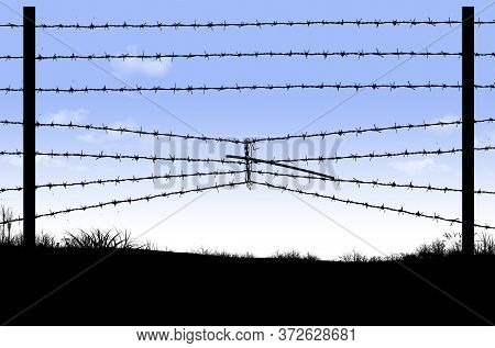 Here Is A Border Fence On The Southern Border Of The Usa That Has Barbed Wire Compressed To Make An 