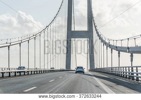 Cars On The Suspension Bridge Over The Great Belt In Denmark, May 23 2020