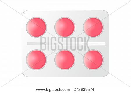 Red Pills In A Blister Pack Isolated On White Background, Abstract Vector Art Illustration. Pharmace