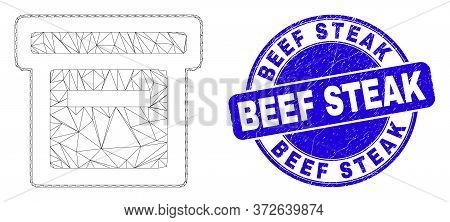 Web Mesh Box Icon And Beef Steak Stamp. Blue Vector Rounded Grunge Seal Stamp With Beef Steak Title.