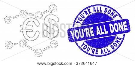 Web Carcass Financial Trends Icon And You're All Done Seal Stamp. Blue Vector Rounded Distress Stamp