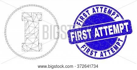 Web Carcass First Pictogram And First Attempt Seal Stamp. Blue Vector Rounded Grunge Stamp With Firs
