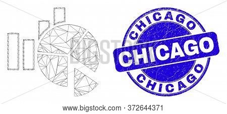 Web Mesh Statistics Charts Pictogram And Chicago Seal Stamp. Blue Vector Rounded Textured Seal With 
