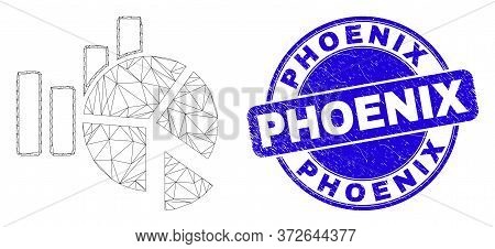 Web Mesh Statistics Charts Icon And Phoenix Seal Stamp. Blue Vector Round Scratched Seal Stamp With 