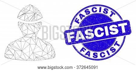 Web Mesh Worker Pictogram And Fascist Seal Stamp. Blue Vector Round Scratched Seal With Fascist Mess