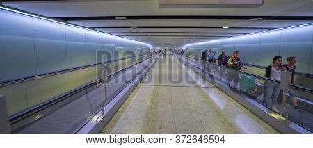 Futuristic Tunnel Between Teminals At London Heathrow - London, United Kingdom - September 14, 2016