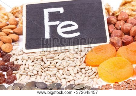 Inscription Fe And Food Containing Iron, Concept Of Healthy Nutrition As Source Natural Minerals, Vi