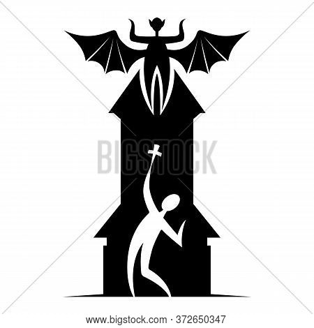 Silhouette Character Contour Flat Minimal Cartoon Humor Satire  Stickman Illustration Priest With A 
