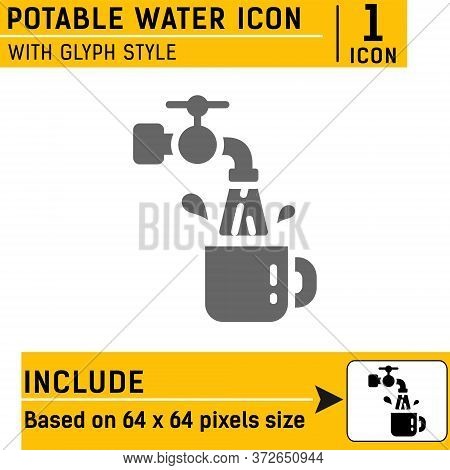 Water Tap Icon. Potable Water And Mug Icon With Solid Style Isolated On White Background. Include Ba