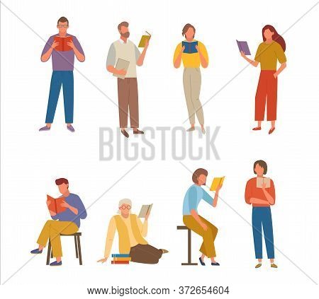 People Read Books Set. Characters Carefully Study Books Girl Reads Fantasy Male Detective Science Fi