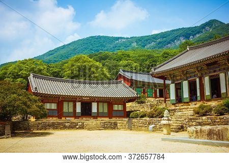 The Territory Of The Temple In South Korea, Traditional Buildings, A Stone Courtyard. Away Green Mou